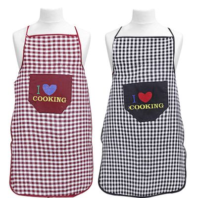 Heart Home Checkered Design Cotton 2 Pieces Waterproof Apron with Front Pocket (Maroon & Black) CTHH01751