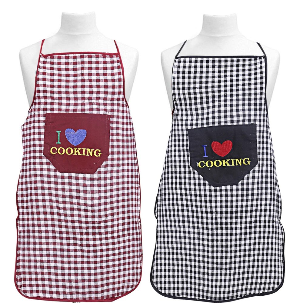 Heart Home Checkered Design Cotton 2 Pieces Waterproof Apron with Front Pocket (Maroon & Black) CTHH01751