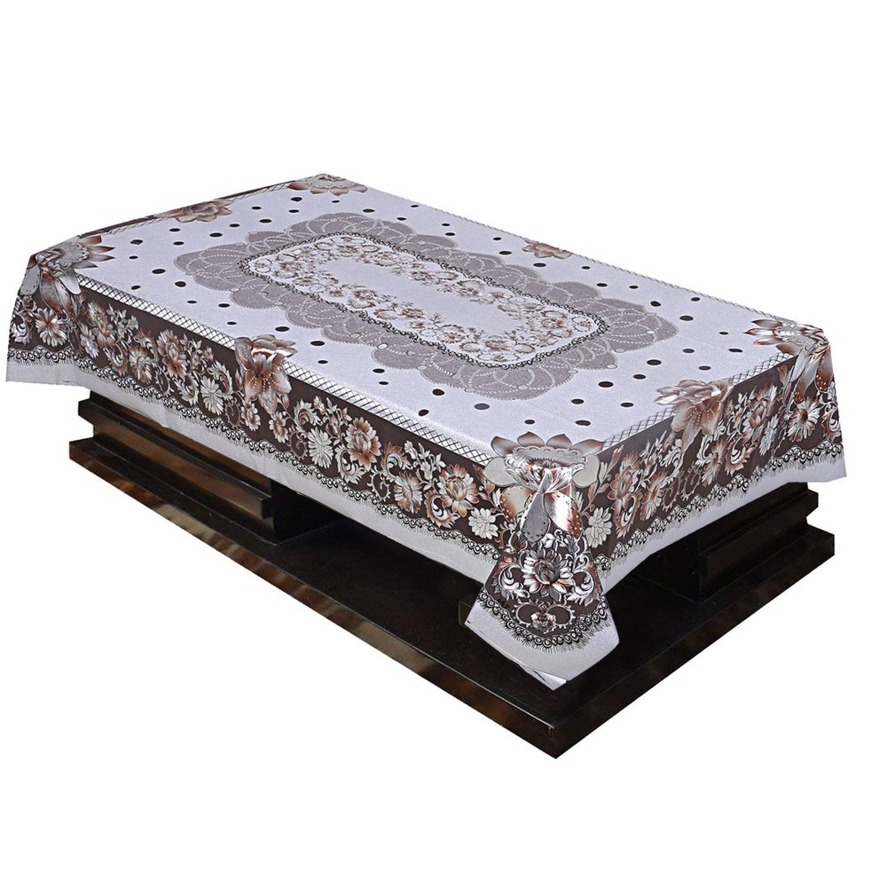 Heart Home Shining Floral Design PVC 4 Seater Centre Table Cover (Silver) (CTHH01881)