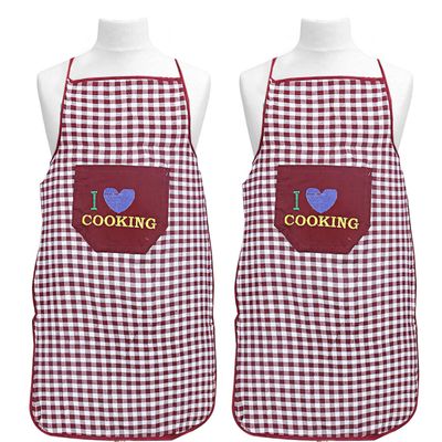 Heart Home Checkered Design Cotton 2 Pieces Waterproof Apron with Front Pocket (Maroon) CTHH01741
