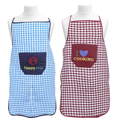 Heart Home Checkered Design Cotton 2 Pieces Waterproof Apron with Front Pocket (Blue & Maroon) CTHH1749
