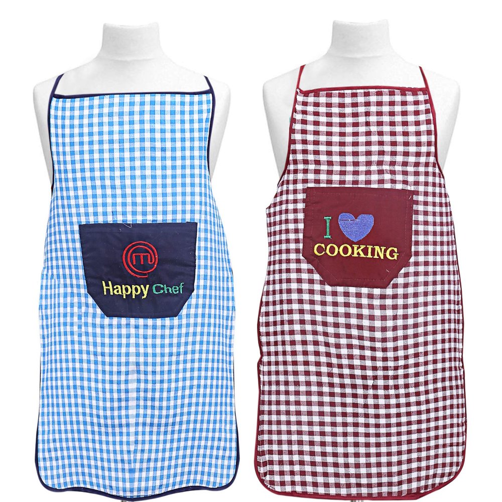 Heart Home Checkered Design Cotton 2 Pieces Waterproof Apron with Front Pocket (Blue & Maroon) CTHH1749
