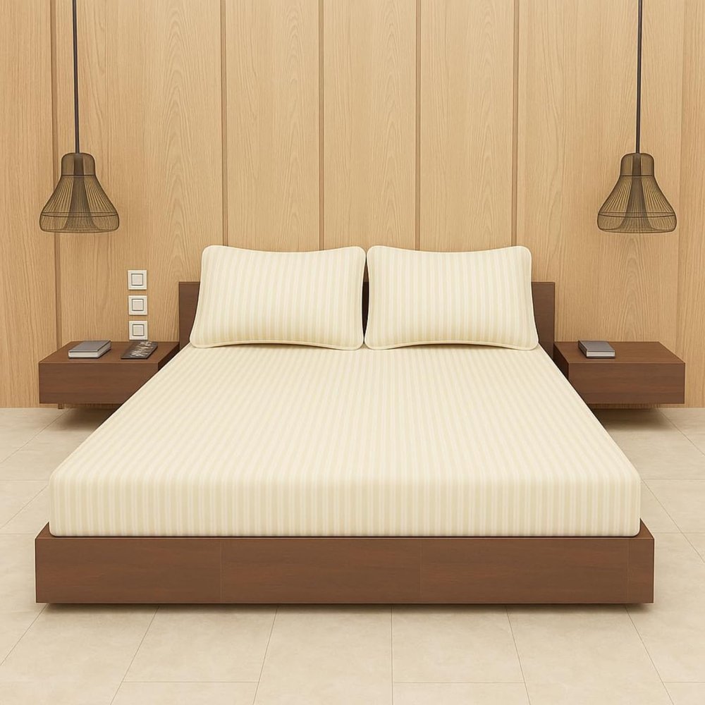 BEVI - Home Premium Self Striped Single Bedsheet with 1 Pillow Cover 300 TC Ultra-Soft 300 TC Microfiber Bed Sheet| Size (60" x 90") Ivory