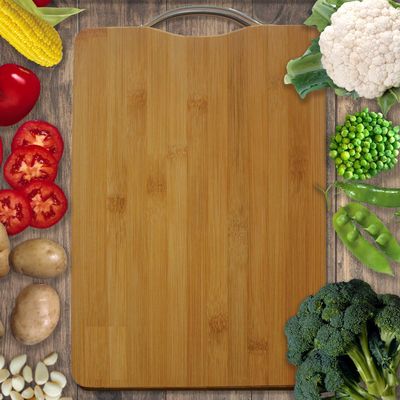 KitchenFest (26cm x 36cm) Size Premium Thick Wooden Bamboo Kitchen Chopping Cutting Slicing Board with Handle for Fruits Vegetables Meat (Beige, Pack of 1)