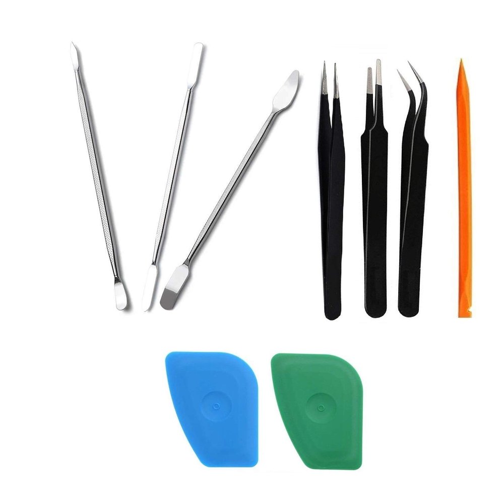 Axtella Set of 3 Metal Openers for Mobile Phone and Gadget Repairing Supporting Tools With 3 Plastic Spudger for Mobile Screen Removal and Set of 3 ESD Non Magnetic Tweezers- Straight, Flat & Curved
