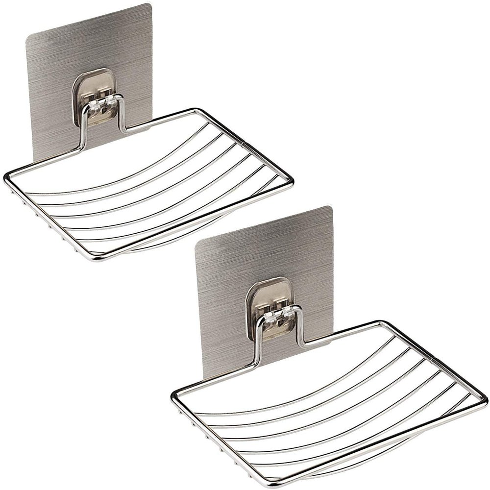 AJB Stainless Steel Soap Dishes Holder for Bathroom- Self Adhesive Wall Mounted Soap Sponge Holder Non-Drilling Storage Saver Rack for Home Kitchen Bathroom Shower (2)