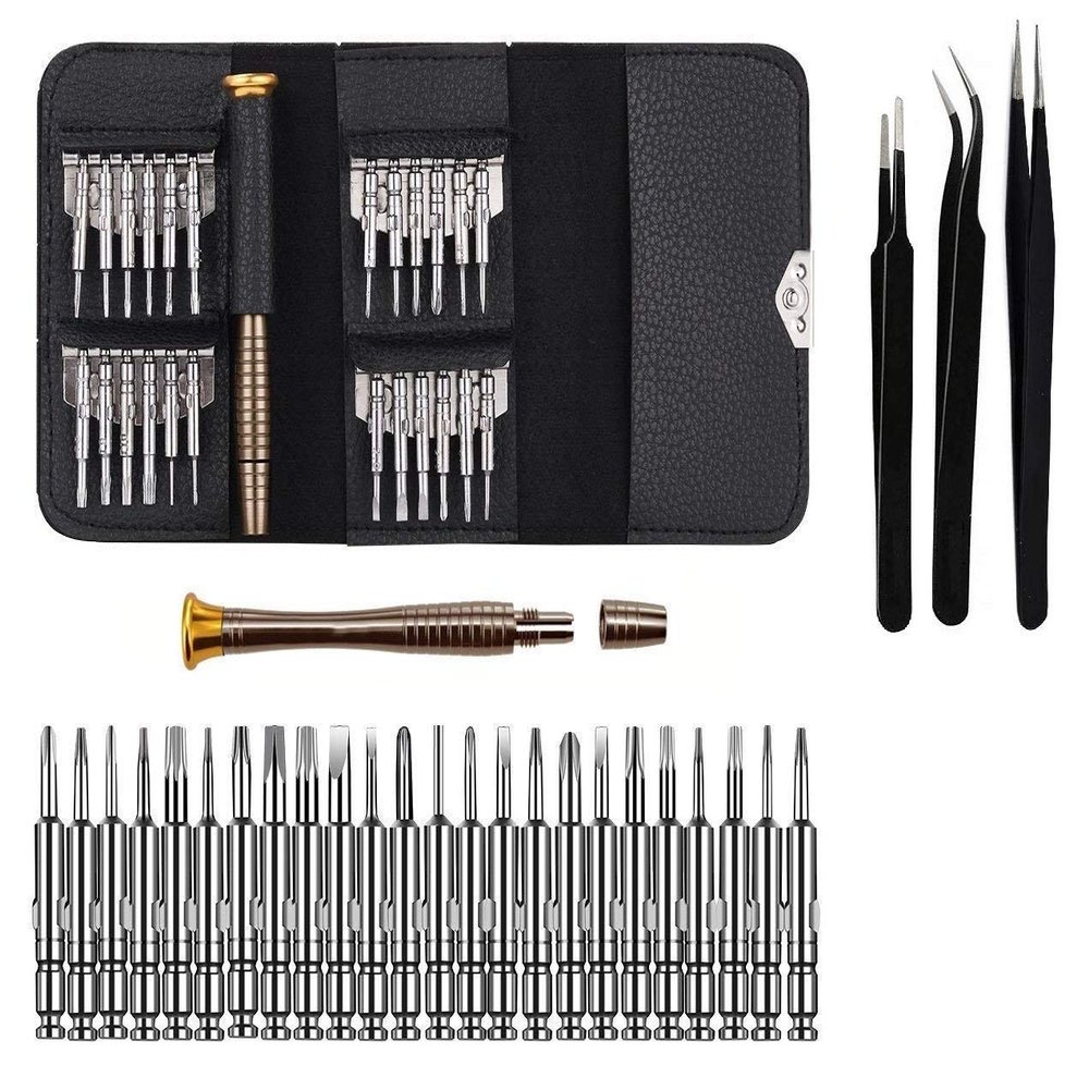 Wroughton 25 in 1 Precision Screwdriver Set Multi Pocket Repair Tool Kit with Black Leather Bag for Mobiles|Laptops|Electronics With Set of 3 ESD Non Magnetic Tweezers- Straight, Flat & Curved