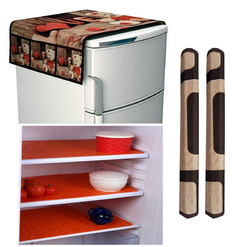 Radeet New Designed Fridge Cover Combo Pack (1pcs Refrigerator Cover + 3pcs Fridge mats + 2pcs Fridge Door Handle Cover) SN9, Multicolor