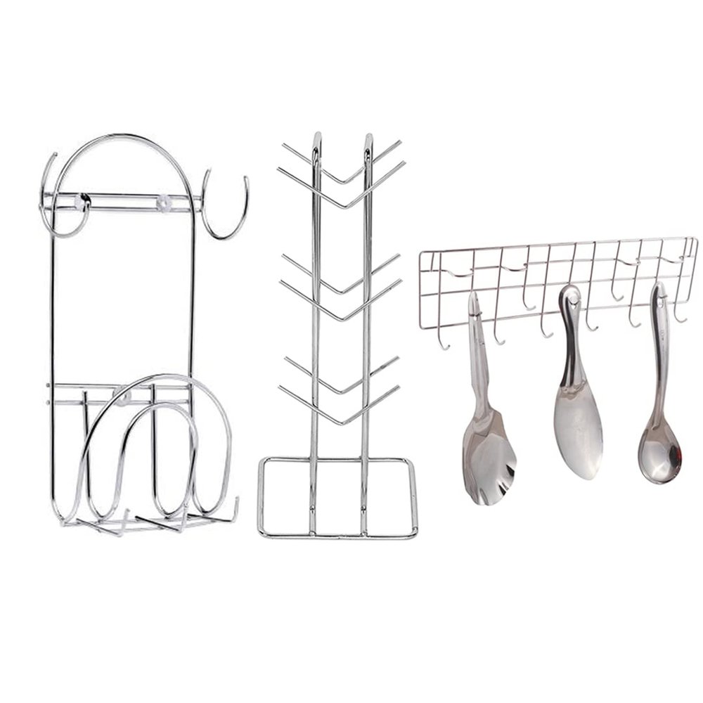 Oc9 Stainless Steel Cup Stand/Cup Holder & Chakla Belan Stand & Hook Rail for Kitchen Rack