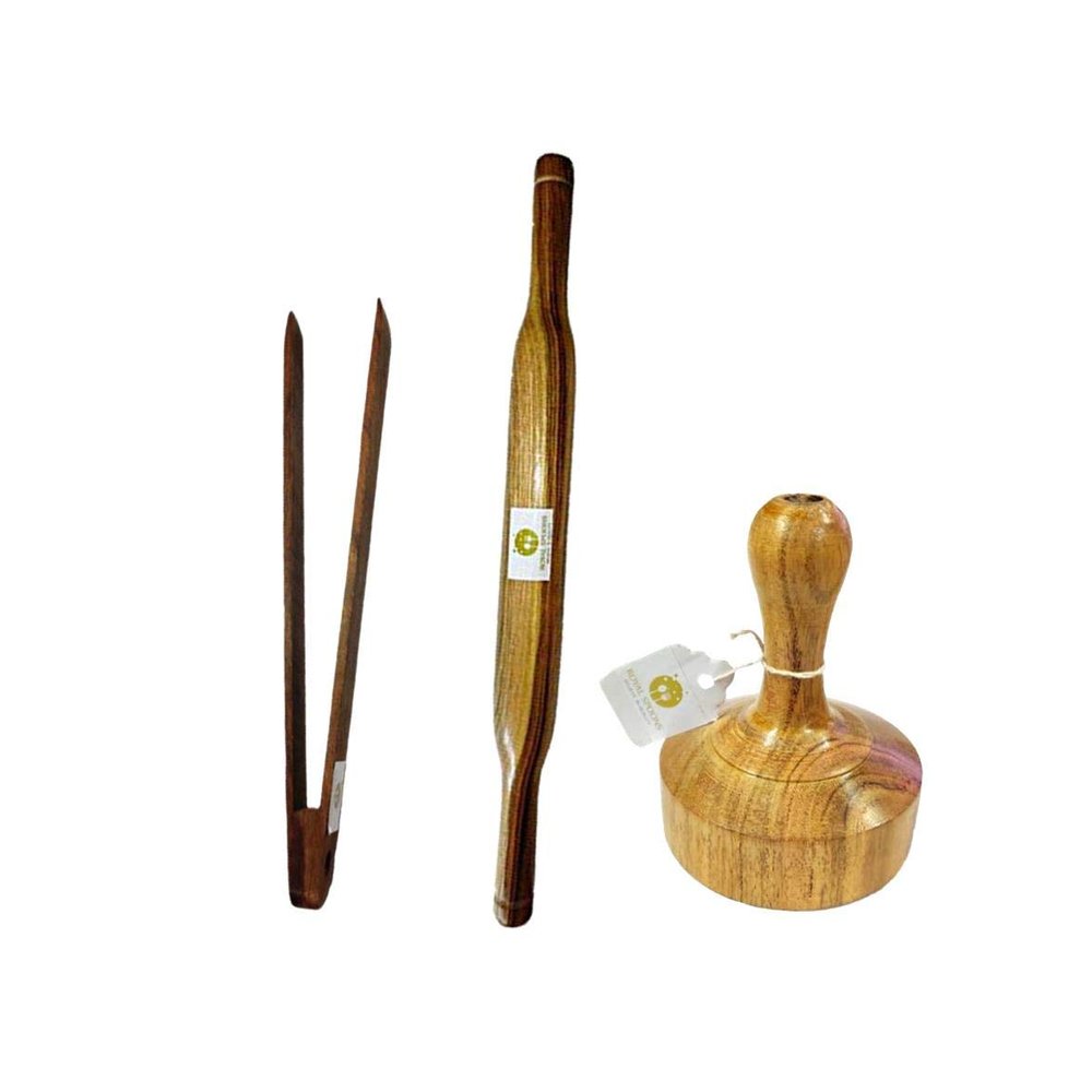 ARMAN SPOONS-Believe in Quality Wooden Tong/Chimta, Belan and Masher Set Handmade (Teak Wood Rolling Pin)
