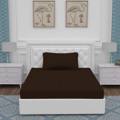 OPTRA Flat Striped Single bedsheet 300 TC with 1 Pillow Cover Size (60"x90") Brown