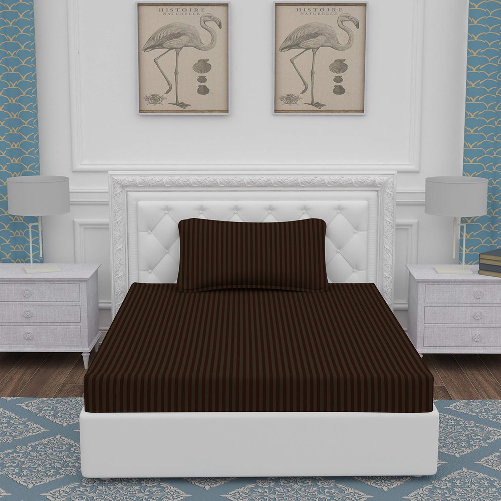 OPTRA Flat Striped Single bedsheet 300 TC with 1 Pillow Cover Size (60"x90") Brown