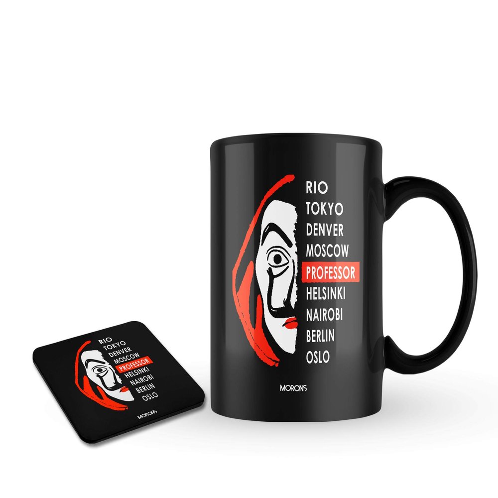 Morons Money Heist Merchandise Black Color Coffee Mug with Coaster for Friends | Netflix Series Mugs | 330 ml, Pack of 2 [ 1 Mug & 1 Coaster]