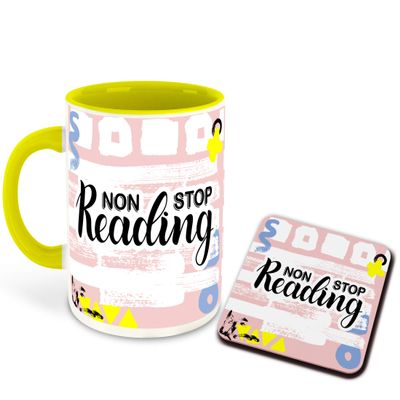 WHATS YOUR KICK - Books Reading Inspired Designer Printed Yellow Ceramic Coffee |Tea | Milk Mug Combo with Coaster (Gift | Books | Motivational Quotes | Hobby (Combo 6)