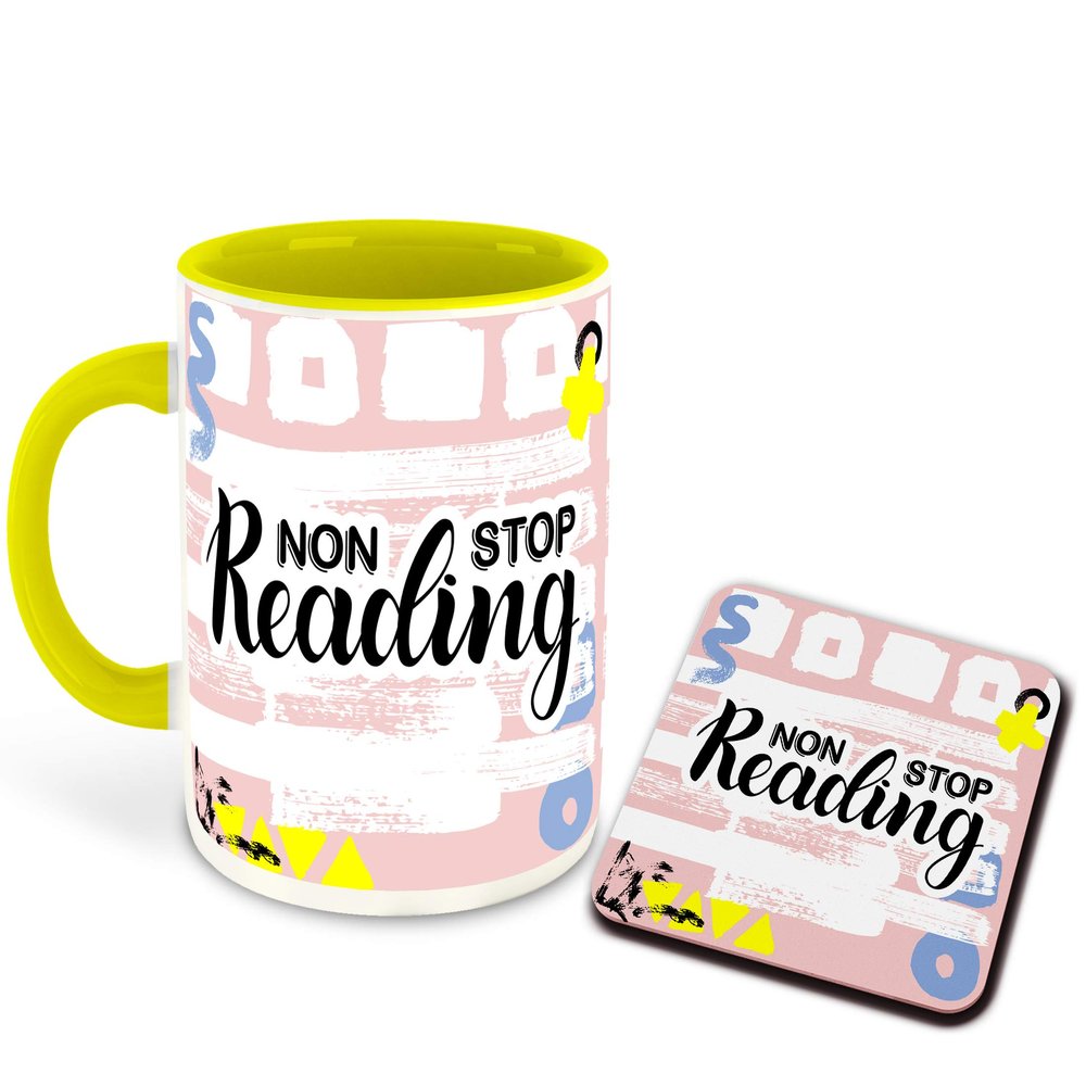 WHATS YOUR KICK - Books Reading Inspired Designer Printed Yellow Ceramic Coffee |Tea | Milk Mug Combo with Coaster (Gift | Books | Motivational Quotes | Hobby (Combo 6)