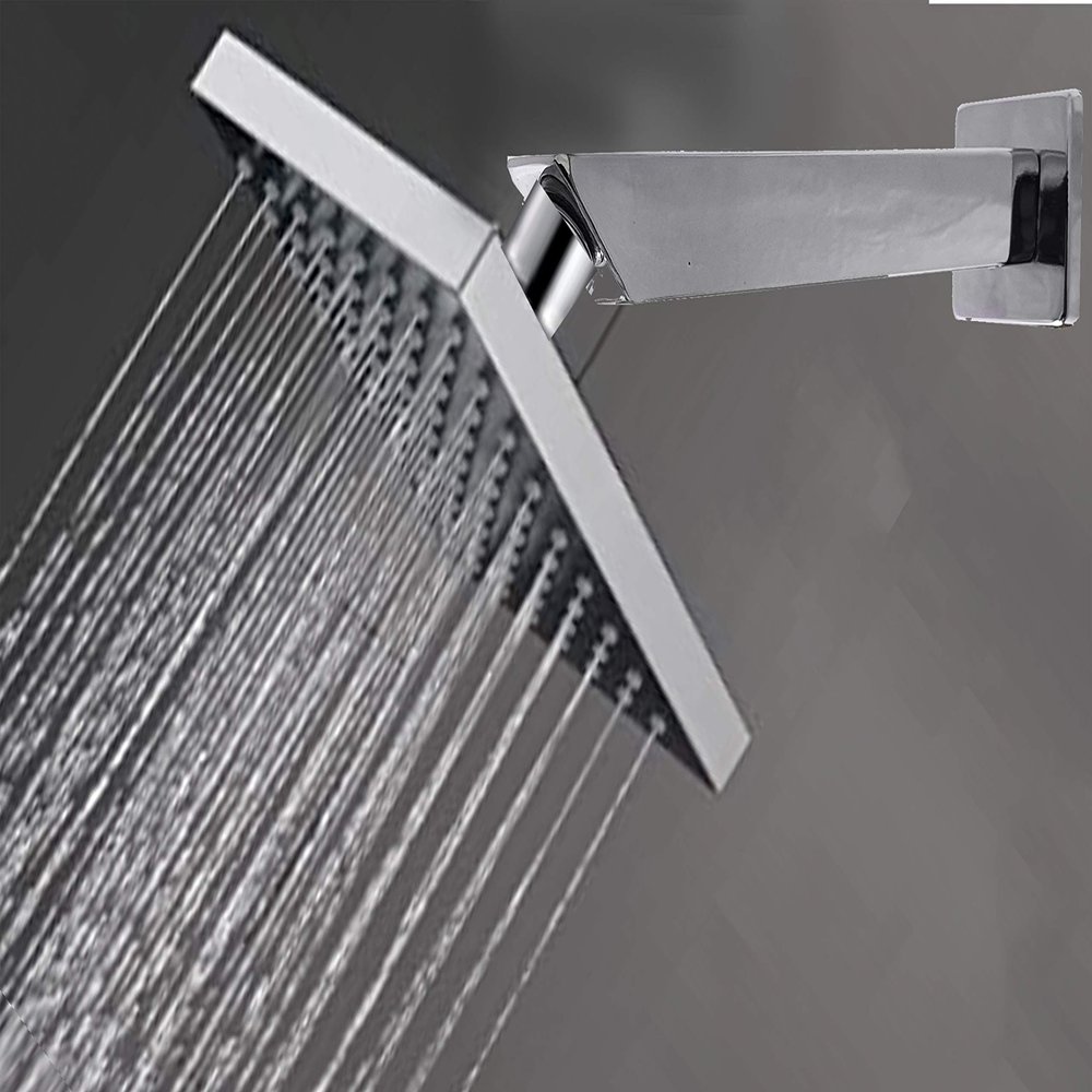 Aquieen SS Rain Overhead Shower 100 mm with 9" SS square shower arm & Wall Flange (Silver