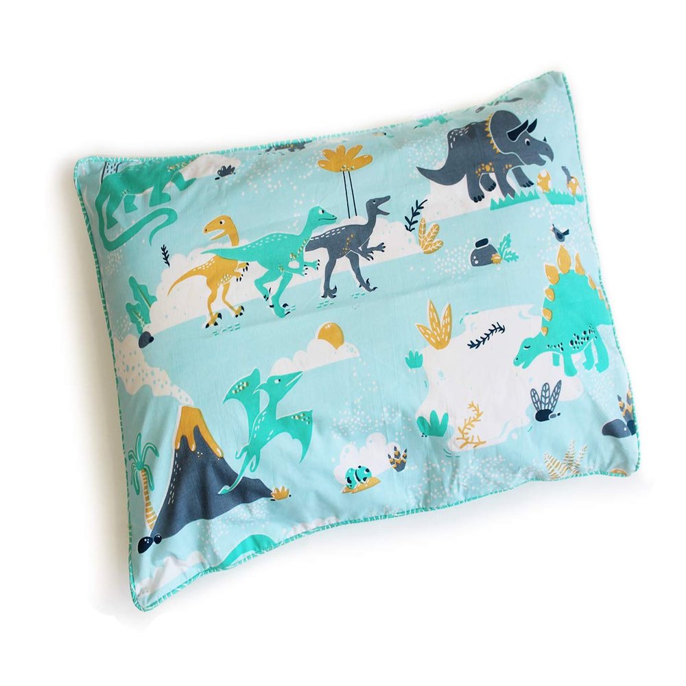Silverlinen 100% Cotton Snooze & Roar Dinosaur Single Pillow Cover with Piping for Kids Room for Boys and Girls (Pillow NOT Included) - Blue (Size: 18 x 27 Inches)