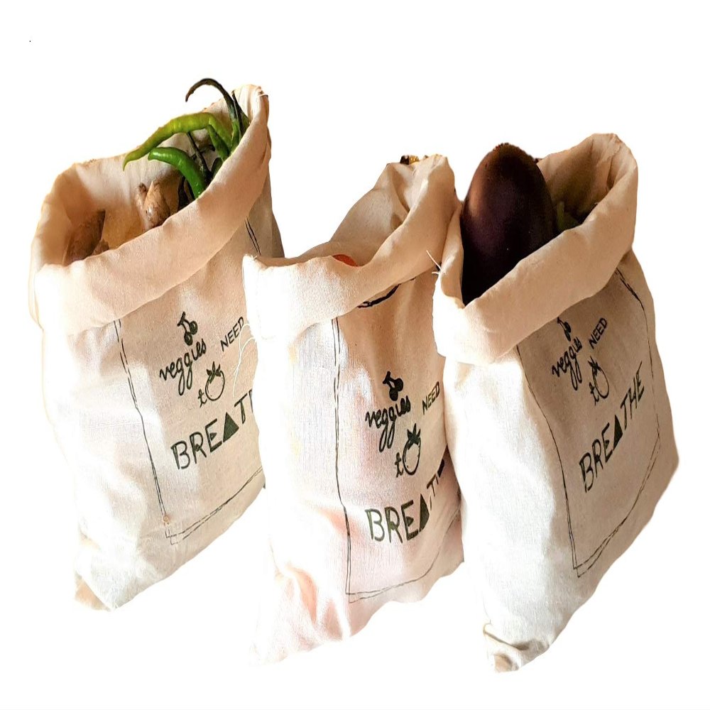 Vissage Pack of 3 Hand Block Printed Fruit & Vegetable Fridge Bags for Storage