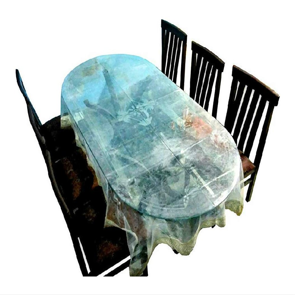 MONKDECOR PVC Transparent 6-8 Seater Oval Dining Table Cover with Golden Border(LxB - 60X90 Inches).