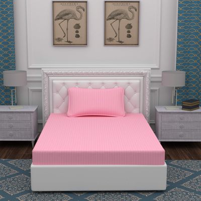 OPTRA Flat Striped Single bedsheet 300 TC with 1 Pillow Cover Size (60"x90") Pink