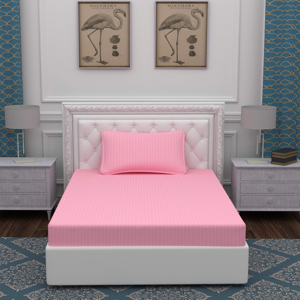 OPTRA Flat Striped Single bedsheet 300 TC with 1 Pillow Cover Size (60"x90") Pink