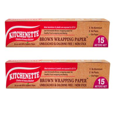 Kitchenette Brown Food Wrapping & Baking Paper (Unbleached & Chlorine Free) Multipurpose | Oven and Microwave Safe | Non Stick - 15 Meters (Pack of 2)
