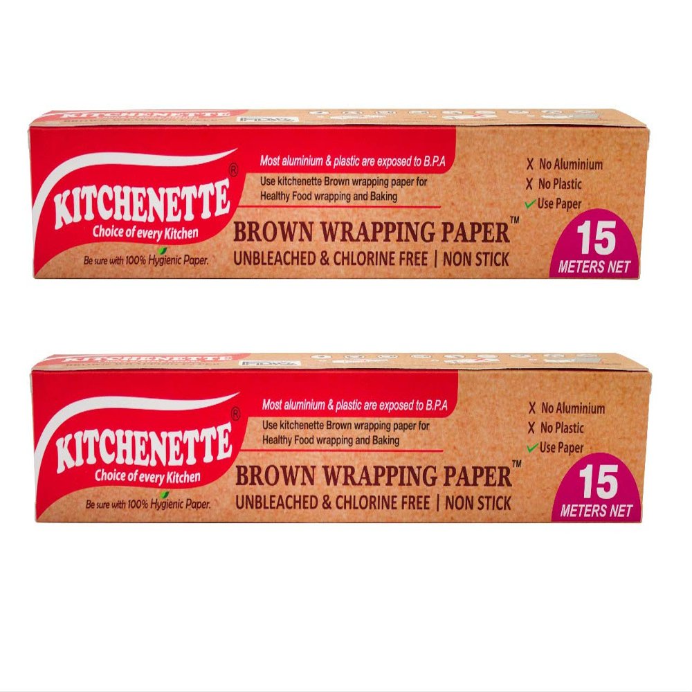Kitchenette Brown Food Wrapping & Baking Paper (Unbleached & Chlorine Free) Multipurpose | Oven and Microwave Safe | Non Stick - 15 Meters (Pack of 2)