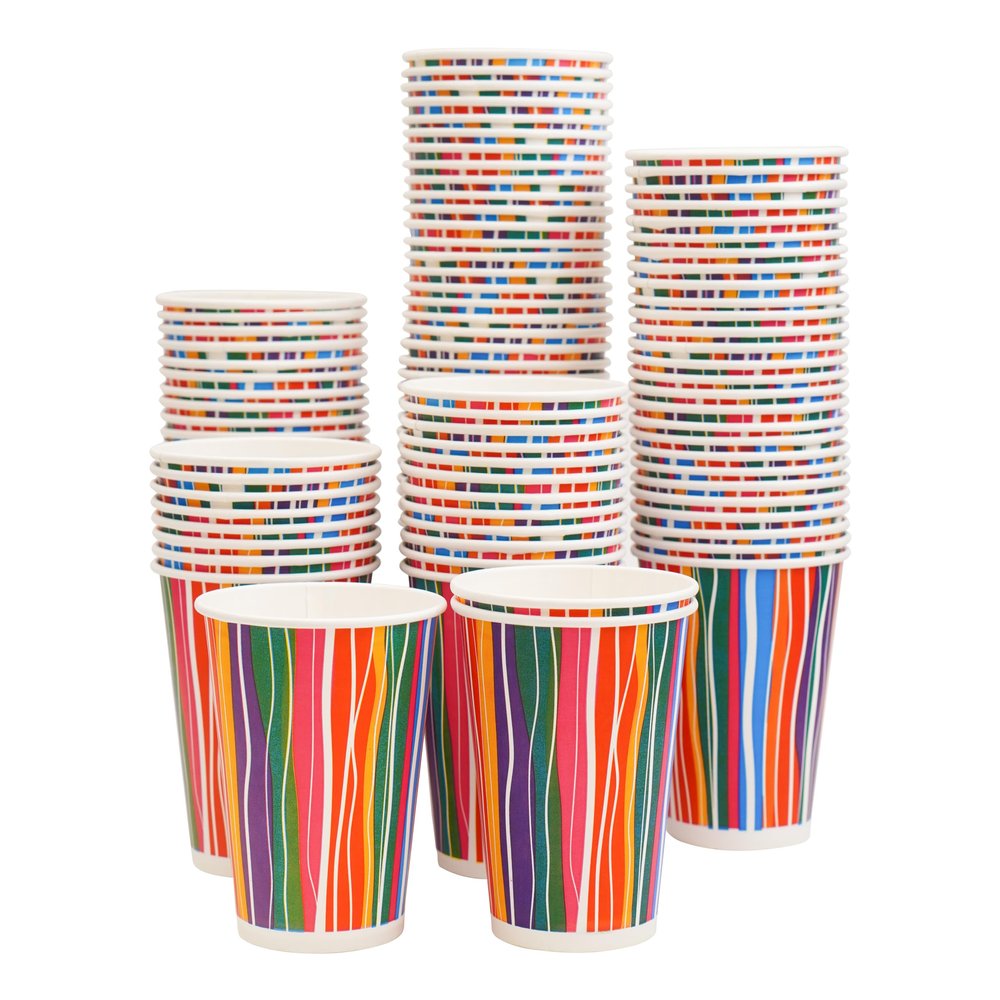PARICOTT 300ml  100 Cups | Multi Stripe Printed Paper Cups | Disposable Use & Throw Glasses for Tea, Coffee, Juice, Water, Wine, Cocktail, Party, Travel, Wedding, Events  Eco-Friendly