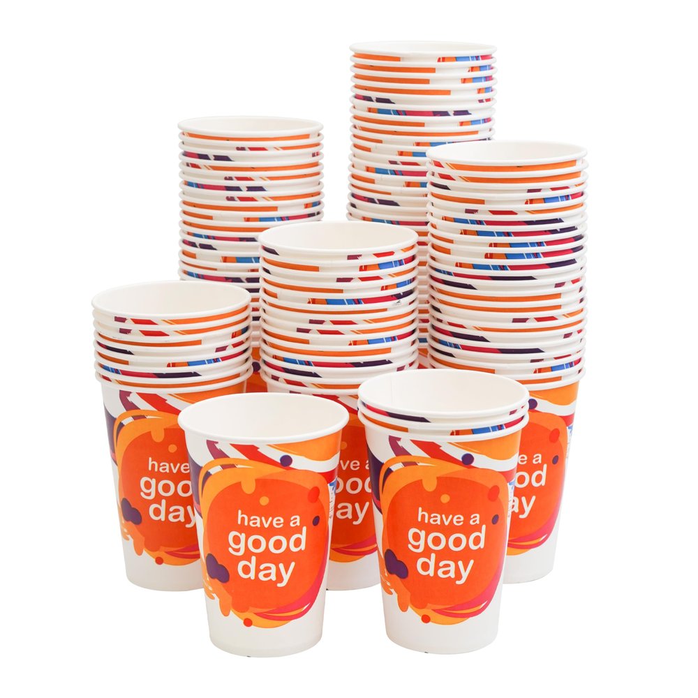 PARICOTT 300ml  100 Cups | Good Day Printed Paper Cups | Disposable Use & Throw Glasses for Tea, Coffee, Juice, Water, Wine, Cocktail, Party, Events, Wedding, Travel  Eco-Friendly