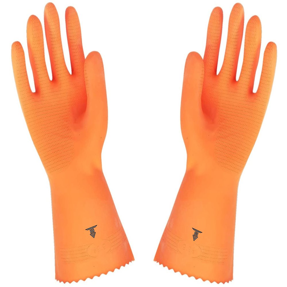 TARGET HYGIENE Yellow Reusable Rubber Cleaning Gloves Set | Long Sleeves,Extra Thickness |Hand Gloves for Washing, Cleaning,Long Sleeves Kitchen, Gardening, Household,Dish washing, Working, Painting, Gardening, Pet Care-10 Pair (Orange - Extra Large)