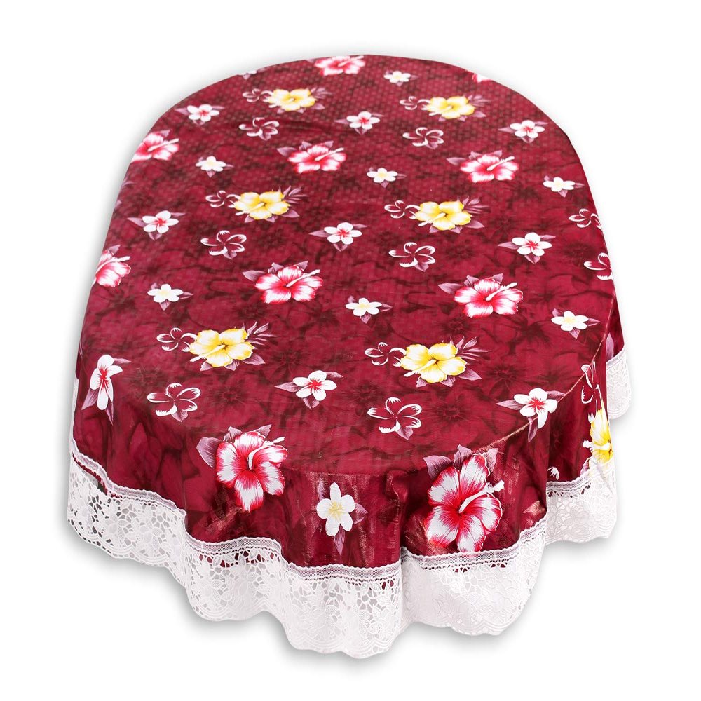 Stylista Plastic Floral Pattern Red 4 Seater Oval Dining Table Cover with White Border Lace (Multicolour, 54x78 inches, Pack of 1)