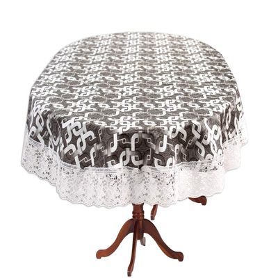 Stylista Plastic Trellis Pattern Grey 4 Seater Oval Dining Table Cover with White Border Lace (Multicolour, 54x78 inches, Pack of 1)