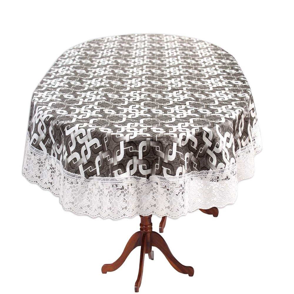 Stylista Plastic Trellis Pattern Grey 4 Seater Oval Dining Table Cover with White Border Lace (Multicolour, 54x78 inches, Pack of 1)