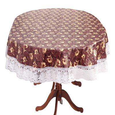 Stylista Plastic Floral Pattern Oval Shaped 4 Seater Dining Table Cover with White Border Lace (Coffee Brown, 954x78 inches, Pack of 1)