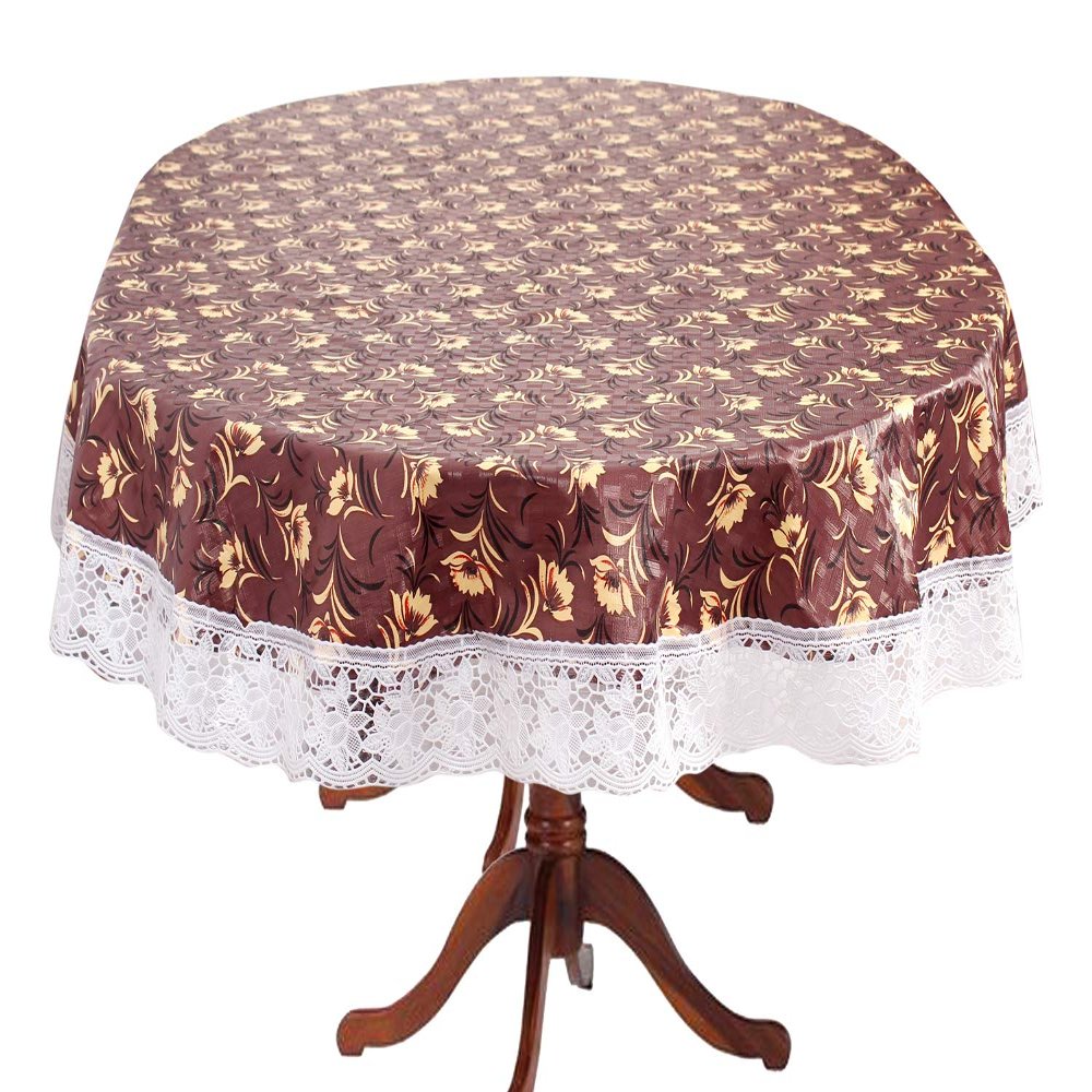 Stylista Plastic Floral Pattern Oval Shaped 4 Seater Dining Table Cover with White Border Lace (Coffee Brown, 954x78 inches, Pack of 1)