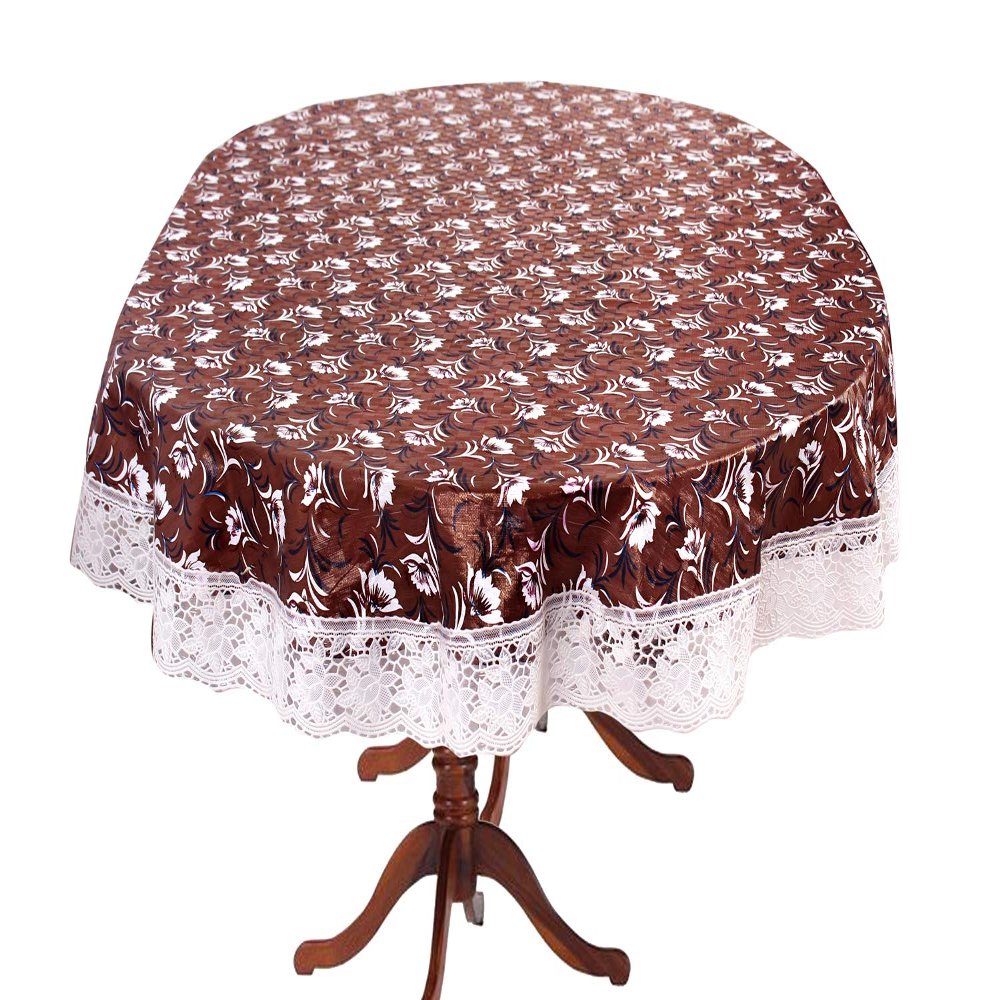 Stylista Oval Dining Table Cover 4 Seater WxL 54x78 inches Floral Dark Brown Pattern with White Border lace