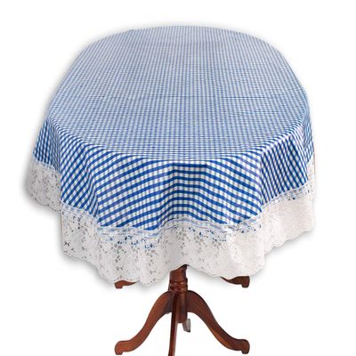 Stylista 4 Seater Oval Dining Table Cover WxL 54x78 inches Pin Check Pattern Blue with White Border lace