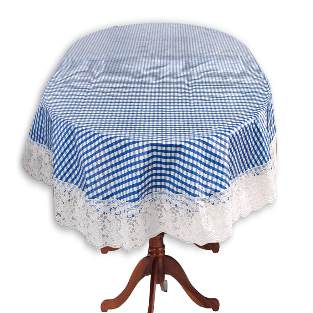 Stylista 4 Seater Oval Dining Table Cover WxL 54x78 inches Pin Check Pattern Blue with White Border lace