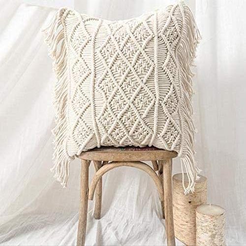 Cottoncube 16x16 Macrame Cushion Cover Throw Pillow Handknitted Floor Cushion Large Size Cotton Boho Style