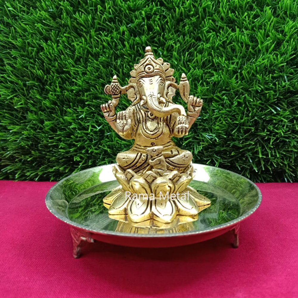 RAMA METAL Brass Ganesh Idol and CHOWKI Stand