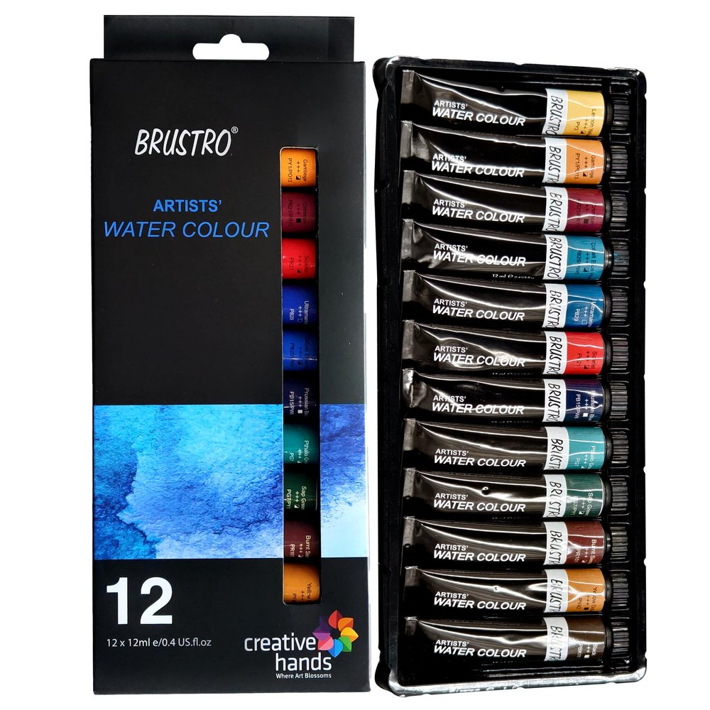 BRUSTRO Artist's Watercolour Paint | Set of 12 Colours X 12ML Tubes | Ideal for Landscape, Portrait, Paper, Painting, Artist, Professional watercolor, Transparent Colors, Painting Dry & Wet, Fine Art