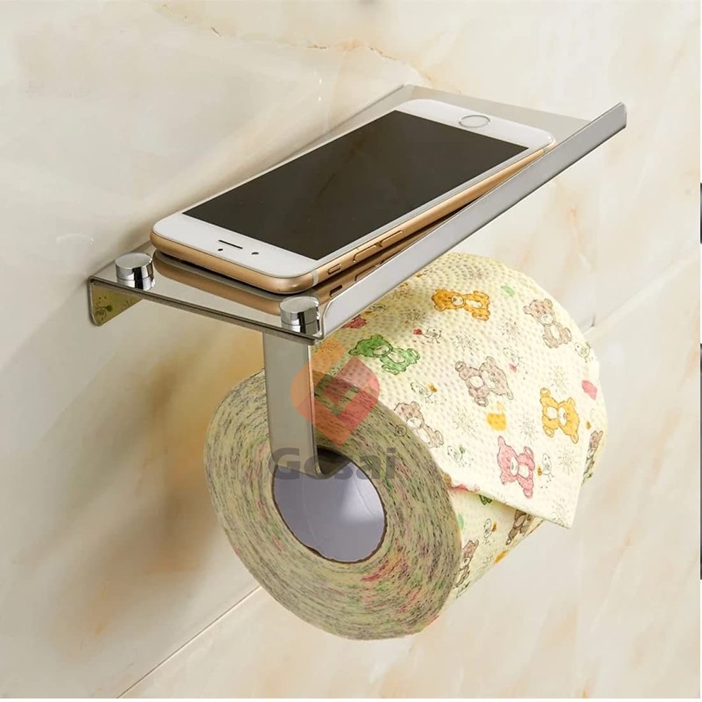 GOSAI Stainless Steel Toilet Paper Holder with Mobile Stand Shelf Bathroom Accessories - Pack of 1