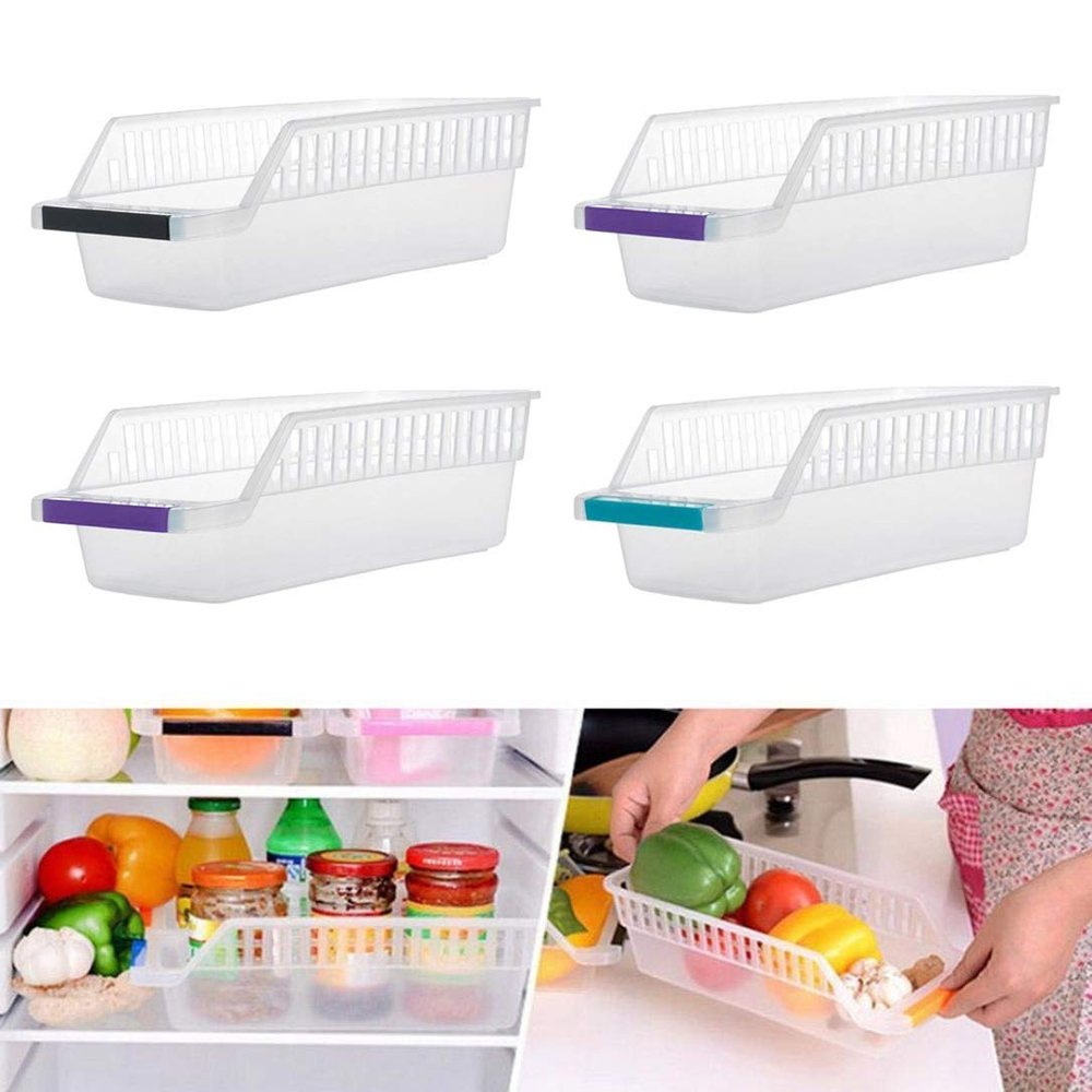 DHENU PRODUCTS Fridge Storage Basket Shelf Organiser Rack Space Saver Food Storage Refrigerator Drawer (Pack of 4, Transparent)