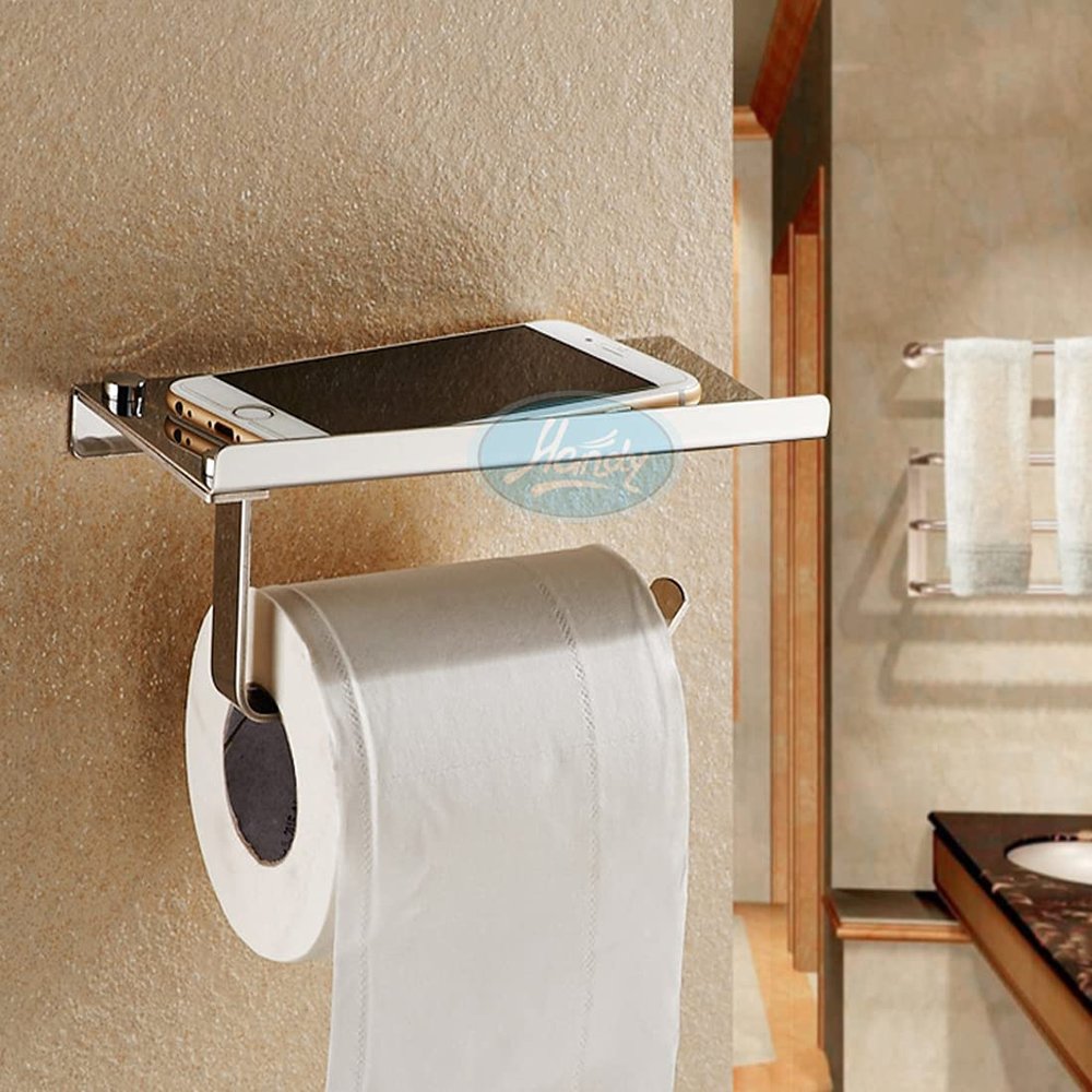 HANDY Bathroom Accessories Stainless Steel Toilet Paper Holder with Shelf, Toilet Paper Dispenser, Tissue Dispenser with Phone Shelf (Color - Silver) Pack of 1 pcs