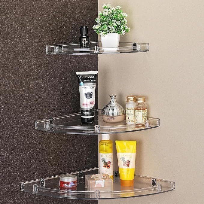 Lipka Wall Mounted Corner Shelf for Bathroom Multipurpose Bathroom Accessories Organizer Shelves (7 inch, 9 Inch, 11 Inch, Pack of 3, Transparent)