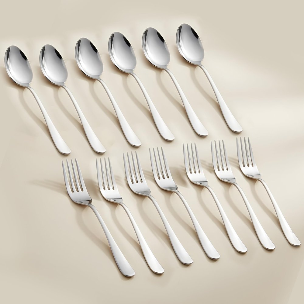 Parage 12 Pieces Stainless Steel Table Spoons and Forks Set with Round Edge, Tableware, Set of 12, Silver (Contains: 6 Table Spoons and 6 Dinner Forks)
