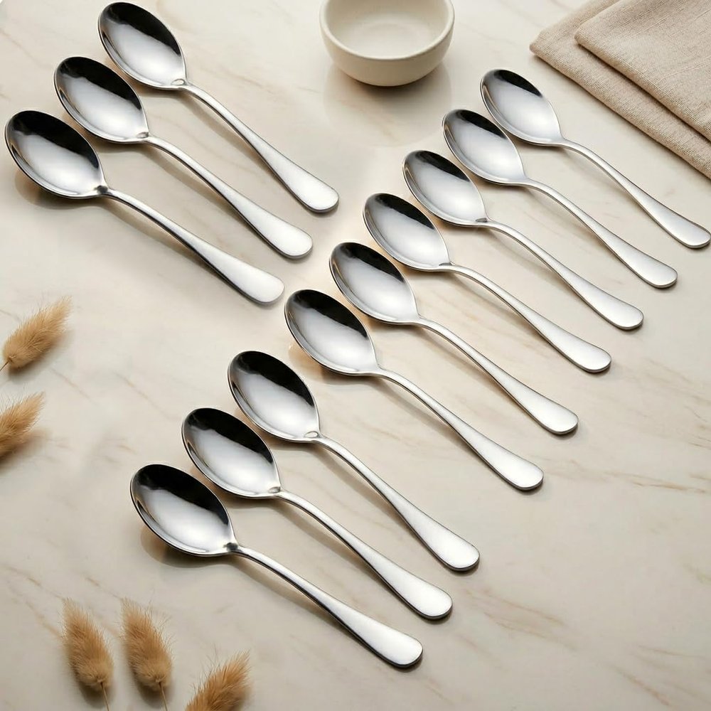 Parage 12 Pieces Stainless Steel Table Spoons Set with Round Edge, 18.5 cm, Tableware, Set of 12, Silver
