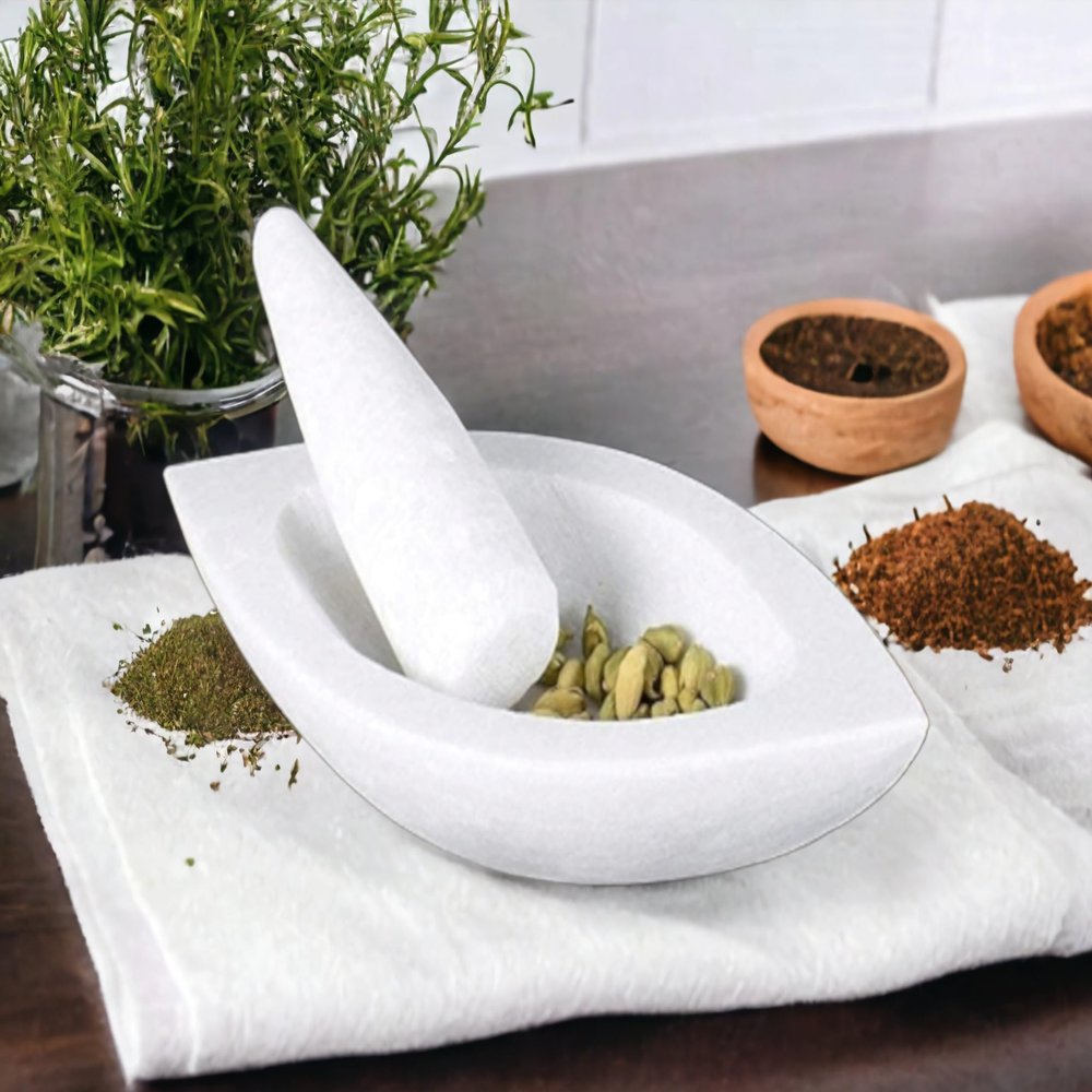 Saudeep India Hand Made Kharal, Khalbatta, Mortar and Pestl, Imam Dasta, Ohkli Musal, Okhli Masher Made of Makrana Marbel (8 Inch)