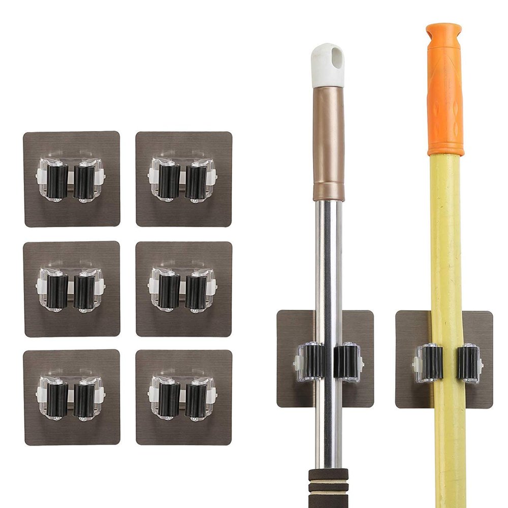 Koyet Self Adhesive Wall Mounted Seamless Broom Hanger Clip Mop Holder Storage Racks, Wall Hanging Free Punch Bathroom Seamless Stickers Mop Rack Set (6 , Multicolour ), Plastic