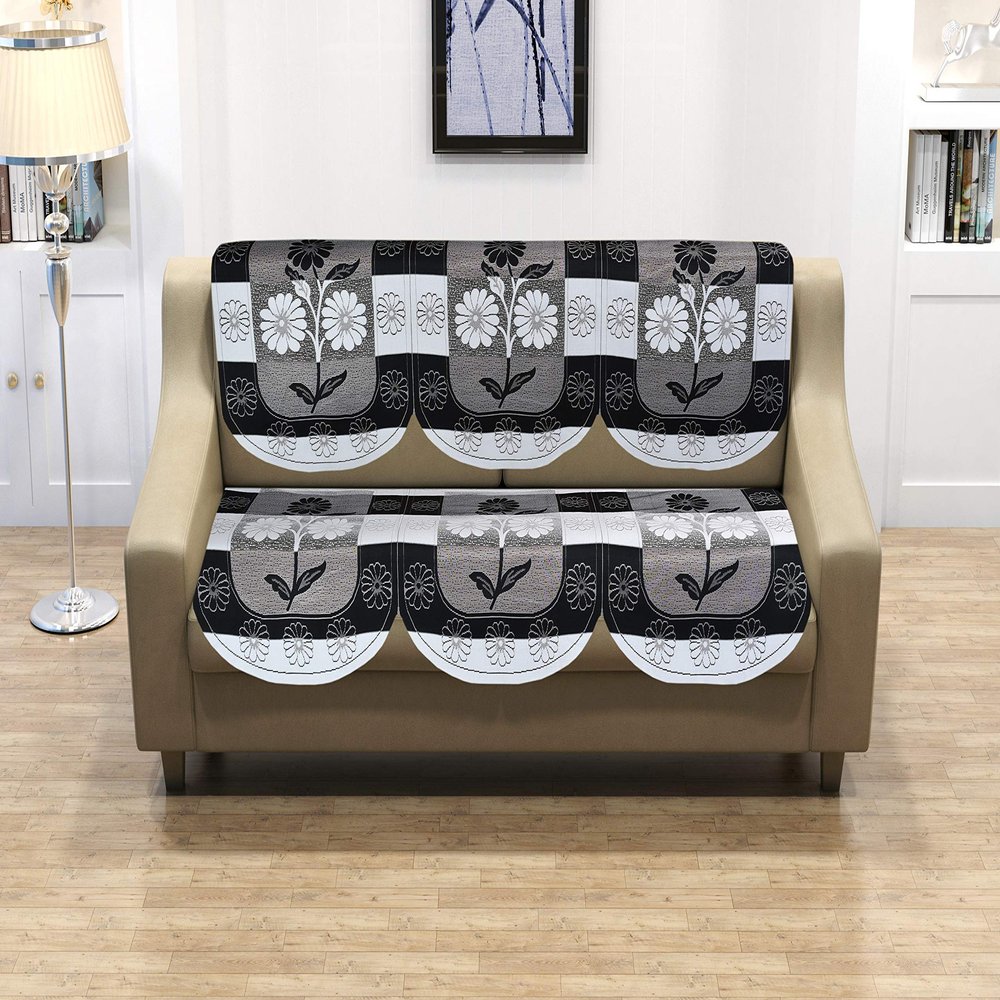 Castiqa Luxurious Cotton Abstract Design Sofa Cover Set for Living Room (3 Seater, Black)